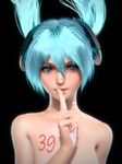  1girl 39 3d arm_up black_background blue_eyes blue_hair commentary_request finger_to_mouth hair_between_eyes hatsune_miku hatsune_miku_(append) ikedan long_hair nude realistic short_hair shushing solo twintails upper_body vocaloid vocaloid_append 