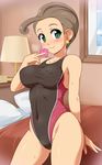  bare_shoulders bed blush breasts brown_hair competition_swimsuit condom_wrapper covered_navel covered_nipples earrings green_eyes jewelry konpeto lamp large_breasts one-piece_swimsuit pansy_(pokemon) pillow pokemon pokemon_(game) pokemon_xy smile solo sweat swimsuit 