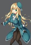  atago_(kantai_collection) black_gloves black_legwear blonde_hair blush gloves green_eyes grey_background hat kantai_collection long_hair looking_at_viewer open_mouth pantyhose solo unasaka_ryou uniform 