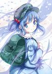  backpack bag berukko blue_dress blue_eyes blue_hair dress hair_bobbles hair_ornament hat kawashiro_nitori looking_at_viewer short_hair smile solo touhou two_side_up 