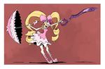  1girl :d big_hair blonde_hair blue_eyes boots bow derpcat dress drill_hair eyepatch hair_ribbon harime_nui kill_la_kill long_hair open_mouth parasol pink_boots pink_bow red_background ribbon scissor_blade smile solo strapless strapless_dress twin_drills twintails umbrella very_long_hair 