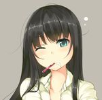  aqua_eyes black_hair brushing_teeth face grey_background long_hair looking_at_viewer one_eye_closed original solo toothbrush unasaka_ryou 