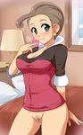  bed blush bottomless breasts brown_hair cleavage condom_wrapper covered_nipples earrings green_eyes jewelry konpeto lamp large_breasts pansy_(pokemon) pillow pokemon pokemon_(game) pokemon_xy pubic_hair pussy smile solo sweat 