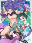  arm_blade blue_hair jojo_no_kimyou_na_bouken jorge_joestar jouji_joestar kars_(jojo) long_hair male_focus multiple_boys purple_hair tama_(miloque) weapon 