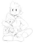  1girl breast_smother greyscale highres hood hoodie kumatora lucas monochrome mother_(game) mother_3 sitting sitting_on_lap sitting_on_person sketch sunibee 