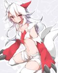  animal_ears gen_3_pokemon highres long_hair navel personification pokemon red_eyes short_shorts shorts silver_hair slit_pupils solo takeshima_(nia) zangoose 