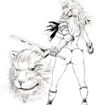  animal armor armored_boots ass bikini bikini_armor boots collar cowter g-string gauntlets greyscale kurofood lips long_hair long_sword looking_back monochrome panties profile shoulder_armor shoulder_blades solo spaulders swimsuit sword thong underwear weapon whiskers 