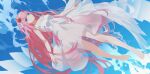  1girl absurdres barefoot blue_eyes breasts cleavage darling_in_the_franxx dress hairband highres horns long_hair pink_hair see-through sleeveless sleeveless_dress smile sundress swkl:d white_dress white_wings wings zero_two_(darling_in_the_franxx) 