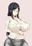  bad_id bad_tumblr_id black_hair blue_eyes blush breasts clothes_lift eyebrows grandmastag highres huge_breasts long_hair mature muffin_top navel original plump ribbed_sweater solo sweater sweater_lift 