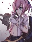  backpack bag bandage_over_one_eye bandages berukko blue_eyes cannon dress_shirt gloves kantai_collection mouth_hold navel open_clothes open_shirt ponytail shiranui_(kantai_collection) shirt short_hair skirt solo white_gloves 