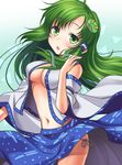  blush bow breasts detached_sleeves frog_hair_ornament green_eyes green_hair hair_ornament hair_tubes kei_kei kochiya_sanae long_hair long_sleeves looking_at_viewer medium_breasts midriff navel no_bra open_clothes open_mouth open_shirt panties shirt side-tie_panties simple_background skirt skirt_set snake_hair_ornament solo string touhou underwear upskirt vest wide_sleeves 