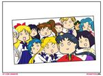  6+girls aino_minako artist_name bishoujo_senshi_sailor_moon black_hair blonde_hair blue_hair blue_sailor_collar bow brown_hair chibi chibi_jennifer crossdressing dark_skin earrings green_hair hair_ornament hino_rei jewelry juuban_high_school_uniform kaiou_michiru kino_makoto long_hair meiou_setsuna mizuno_ami multiple_boys multiple_girls necktie o_o open_mouth parody photo_(object) ponytail purple_hair red_bow red_hair sailor_collar school_uniform seiya_kou serafuku short_hair smile taiki_kou ten'ou_haruka tomoe_hotaru tsukino_usagi very_short_hair watermark web_address white_hair yaten_kou 