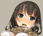  black_hair blue_eyes blush bra breath face grey_background open_mouth original plaid plaid_scarf scarf shirt_lift solo unasaka_ryou underwear 