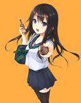  bag black_hair black_legwear blue_eyes blush braid long_hair looking_at_viewer open_mouth orange_background original outstretched_arm school_bag school_uniform serafuku skirt solo standing thighhighs unasaka_ryou zettai_ryouiki 