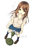 :d brown_hair dated electric_fan fanning_crotch green_eyes loafers navy_blue_legwear open_mouth original polo_shirt shoes skirt smile solo standing unasaka_ryou white_background 