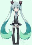  2014 artist_name boots dated detached_sleeves green_eyes green_hair hatsune_miku headset inaka_keikou long_hair necktie pigeon-toed revision skirt solo thigh_boots thighhighs twintails very_long_hair vocaloid 