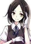  berukko black_hair blue_neckwear blue_ribbon dress_shirt gloves hair_ornament hairclip kantai_collection kuroshio_(kantai_collection) neck_ribbon ribbon shirt short_hair smile solo upper_body vest white_gloves yellow_eyes 