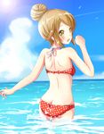  ass bikini bird brown_hair cloud day eyebrows eyebrows_visible_through_hair from_behind highres looking_at_viewer ocean ok-ray open_mouth original outdoors red_bikini short_hair sky solo swimsuit wading water yellow_eyes 
