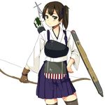  arrow black_legwear bow_(weapon) brown_hair hand_on_hip japanese_clothes kaga_(kantai_collection) kantai_collection looking_at_viewer muneate quiver short_hair side_ponytail sketch skirt solo thighhighs unasaka_ryou weapon white_background zettai_ryouiki 