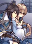  1girl bai_bo black_hair blonde_hair blush breast_grab brown_eyes eyes_closed grabbing groping hug hug_from_behind night shin_sangoku_musou wang_yuanji 