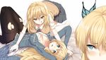  3girls :q all_fours atago_(kantai_collection) blonde_hair blue_eyes blush boku_wa_tomodachi_ga_sukunai breasts butterfly_hair_ornament cleavage color_connection crossover d: elbow_gloves gloves hair_color_connection hair_ornament hews_hack kantai_collection kashiwazaki_sena large_breasts long_hair look-alike lying multiple_crossover multiple_girls open_mouth out_of_frame pantyhose school_uniform shokuhou_misaki st._chronica_academy_uniform star star-shaped_pupils sweater_vest symbol-shaped_pupils thighhighs to_aru_kagaku_no_railgun to_aru_majutsu_no_index tongue tongue_out torn_clothes torn_legwear yuri 