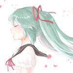  bad_id bad_pixiv_id closed_eyes green_hair hair_ribbon hatsune_miku long_hair marin_(myuy_3) open_mouth petals profile ribbon sailor_collar solo spring_miku twintails upper_body vocaloid white_background 
