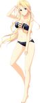  absurdres arm_up barefoot bikini black_bikini blonde_hair breasts full_body hand_on_thigh hand_to_head highres kariu_nagisa koisuru_natsu_no_last_resort large_breasts long_hair marui_(koedame) navel purple_eyes smile solo swimsuit transparent_background 