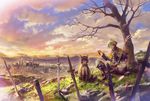 boots brown_hair catgirl city clouds flowers grass green_eyes green_hair iceojin instrument pixiv_fantasia sky sword tree violin weapon 