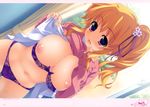  :d absurdres blonde_hair blush bow bow_bra bra bra_pull breasts clothes_lift cowboy_shot dutch_angle highres houkago_eroge-bu! huge_filesize indoors itou_life kisshouin_yanagi lace lace_bra lace_panties large_breasts looking_at_viewer nipples open_mouth panties parted_lips purple_bra purple_eyes purple_panties ribbed_sweater shirt_lift side_ponytail smile standing sweater sweater_lift underwear 