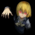  alternate_color ascot black_background blonde_hair blouse dark darkness ears ex-rumia glowing glowing_eyes grin highres no_ribbon red_eyes rumia short_hair smile touhou vest wowoguni 