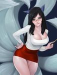  ahri alternate_costume animal_ears bespectacled black_hair bling_(wnsdud34) blue_background breasts cleavage collarbone covered_nipples facial_mark fox_ears fox_tail glasses hand_on_hip impossible_clothes kumiho large_breasts league_of_legends leaning_forward long_hair looking_at_viewer multiple_tails pencil_skirt pointer red-framed_eyewear semi-rimless_eyewear simple_background skindentation skirt smile solo tail teacher thighs under-rim_eyewear wide_hips yellow_eyes 