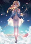  bare_shoulders blonde_hair blue_dress bow breasts cloud collarbone detached_sleeves dress hair_bow highres katana layered_dress long_hair looking_at_viewer pantyhose petals phantania pixiv_fantasia pixiv_fantasia_fallen_kings red_eyes see-through see-through_silhouette sky small_breasts solo star_(sky) starry_sky striped striped_legwear sunset sword vertical-striped_legwear vertical_stripes weapon white_dress 