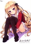  absurdres black_legwear blonde_hair flower hair_flower hair_ornament hair_ribbon hello_lady highres knees_to_chest long_hair long_legs panties pantyshot pantyshot_(sitting) purple_eyes purple_panties ribbon saeki_hokuto school_uniform sitting takazaki_eru thighhighs thighs underwear very_long_hair 