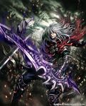  1boy anbe_yoshirou armor cape dragon highres knight long_hair male male_focus original red_eyes silver_hair solo sword warrior weapon 