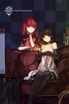  arm_support black_gloves black_hair black_legwear blue_eyes checkered checkered_background collar collarbone copyright_name couch dress elbow_gloves gloves highres holding long_hair multiple_girls pixiv_fantasia pixiv_fantasia_fallen_kings red_hair sitting swd3e2 thighhighs white_dress 