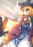  blonde_hair blush breasts eating food fox_tail green_eyes hat highres koha large_breasts multiple_tails open_mouth short_hair snow solo sunset sweet_potato tabard tail touhou yakumo_ran 