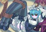  arms_behind_head bdsm black_legwear blue_hair blush bondage bound bound_ankles bound_legs bound_wrists breasts cassandra_(sword_world_2.0) flowlight_(sword_world) garter_straps grin itsumo_nokoru maid maid_headdress mary_janes medium_breasts multiple_girls one_knee red_eyes rope shoes short_hair smile sweatdrop sword_world_2.0 thighhighs upskirt white_skin 