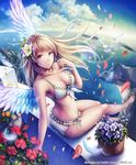  anbe_yoshirou angel_wings artist_name asteria_(shinma_x_keishou!_ragnabreak) barefoot beach bikini bird blonde_hair breasts cleavage cloud copyright_name day english feathered_wings floral_print flower flower_pot frilled_bikini frills front-tie_top green_eyes hair_flower hair_ornament highres lens_flare long_hair looking_at_viewer looking_back medium_breasts ocean official_art original petals seagull shinma_x_keishou!_ragnabreak side-tie_bikini sitting sky solo swimsuit water wings 