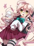  ahoge bad_id bad_pixiv_id glasses kantai_collection long_hair looking_at_viewer machinery makigumo_(kantai_collection) open_mouth pantyhose pink_hair ribbon sakura_(lilak_a) sleeves_past_fingers sleeves_past_wrists solo star wavy_hair yellow_eyes 