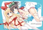  2girls amae_koromo animal_ears black_hair blonde_hair blue_eyes blush bow bunny_ears kunihiro_hajime long_hair navel ribbons saki thighhighs weisuoxin 