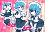  blown_kiss blue_hair cassandra_(sword_world_2.0) flowlight_(sword_world) gloves itsumo_nokoru maid maid_headdress one_eye_closed puffy_short_sleeves puffy_sleeves red_eyes short_sleeves sword_world_2.0 translated v_arms white_gloves white_skin 