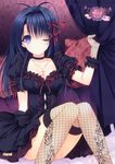  ;o absurdres blue_hair breasts cleavage cross cross_necklace curtain_grab curtains dress fishnet_gloves fishnet_legwear fishnets gloves highres jewelry knees_together_feet_apart medium_breasts necklace one_eye_closed ookura_risona otome_riron_to_sono_shuuhen:_ecole_de_paris purple_eyes sitting suzuhira_hiro thighhighs tsuki_ni_yorisou_otome_no_sahou 