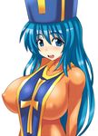  blue_eyes blue_hair bodysuit breasts covered_nipples dragon_quest dragon_quest_iii huge_breasts konno_tohiro long_hair looking_down mitre open_mouth orange_bodysuit priest_(dq3) simple_background smile solo upper_body white_background 