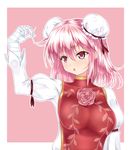  ahoge bandages blush breasts bun_cover double_bun flower ibaraki_kasen large_breasts open_mouth pink_background pink_eyes pink_hair short_hair simple_background solo tabard touhou u2_(5798239) 