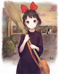  animal black_cat black_eyes black_hair blush bob_cut bow broom cat character_name dress hair_bow highres injury jiji_(majo_no_takkyuubin) kiki lily_(majo_no_takkyuubin) looking_at_viewer majo_no_takkyuubin short_hair shouin smile studio_ghibli witch 