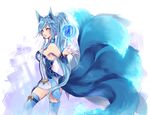  ahri alternate_hair_color animal_ears bare_shoulders blue_hair braid detached_collar detached_sleeves facial_mark fox_ears fox_tail kakip league_of_legends long_hair multiple_tails ponytail side_braid solo tail thighhighs twin_braids whisker_markings yellow_eyes 