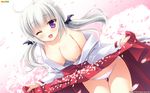  blush breasts cherry_blossoms cleavage hulotte ikegami_akane imouto_no_okage_de_mote_sugite_yabai japanese_clothes kimono long_hair panties petals purple_eyes shiratori_kanae twintails underwear white_hair wink 