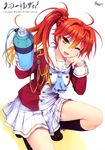  ;d absurdres akahito_tamao bottle company_name copyright_name drink giving gradient_hair hello_lady highres holding long_hair looking_at_viewer multicolored_hair one_eye_closed open_mouth orange_hair saeki_hokuto school_uniform smile solo squatting yellow_eyes 
