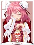 ahoge bandages blush breasts bun_cover chain chair closed_eyes cuffs double_bun flower food fruit hand_on_own_face happy highres ibaraki_kasen medium_breasts open_mouth parfait pink_hair short_hair sitting smile solo strawberry tabard touhou u2_(5798239) upper_body 