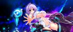  absurdres ball black_legwear blue_eyes bodysuit breasts center_opening cleavage cowboy_shot glowing highres hoshizaki_ouka large_breasts looking_at_viewer orb oshiki_hitoshi outstretched_arm outstretched_hand palms purple_hair sakigake_generation! standing tareme thighhighs underboob 